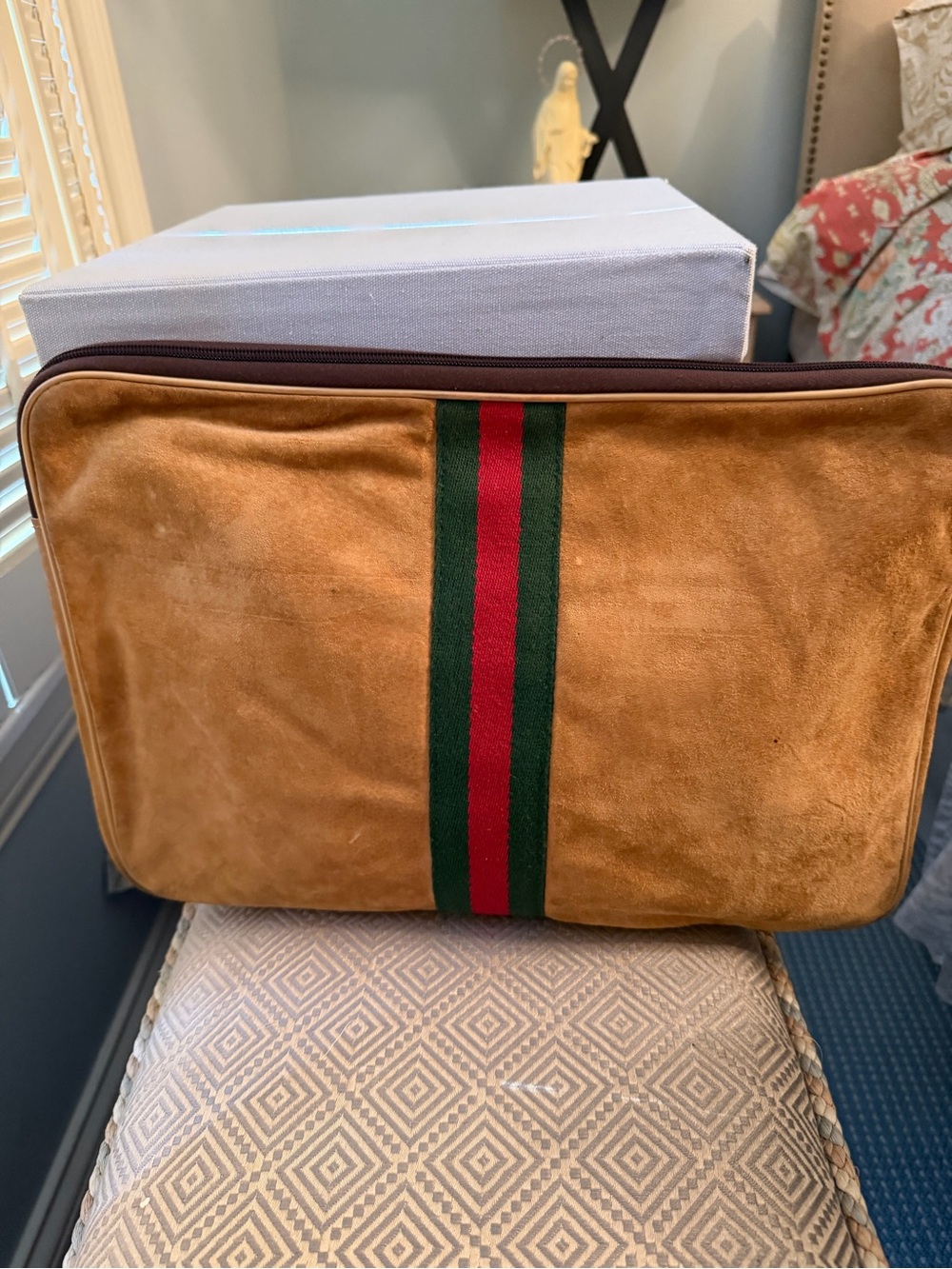 Large Camel Suede Travel Pouch with Green & Red Stripe Zips